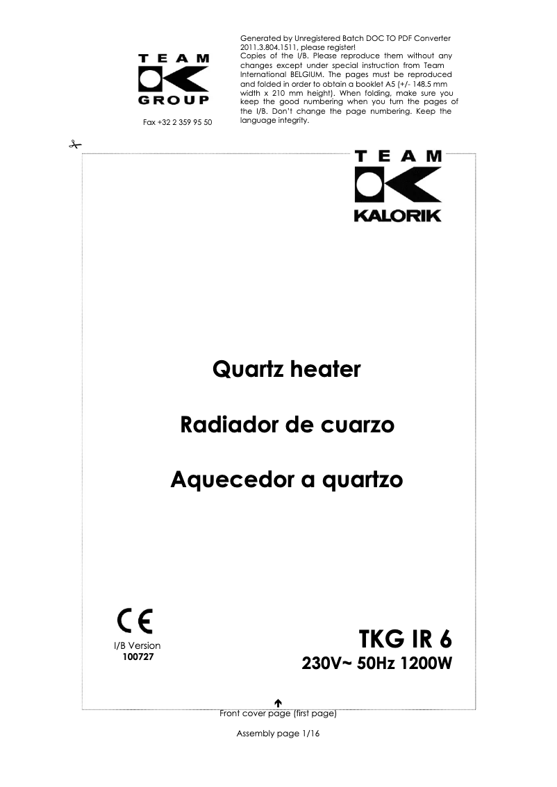 Page 1 de la notice Manuel utilisateur Kalorik TKG IR 6