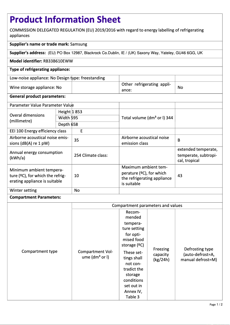 Page n°1 - Fiche technique Samsung RB33B610EWW