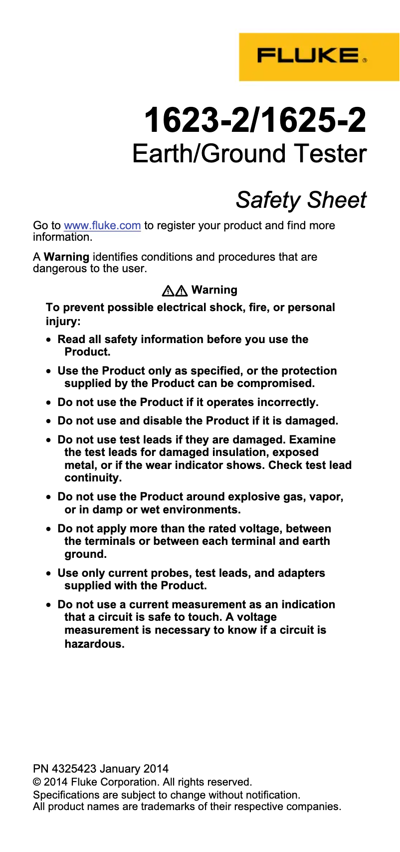 Página 1 del manual Instrucciones de seguridad Fluke 1623-2
