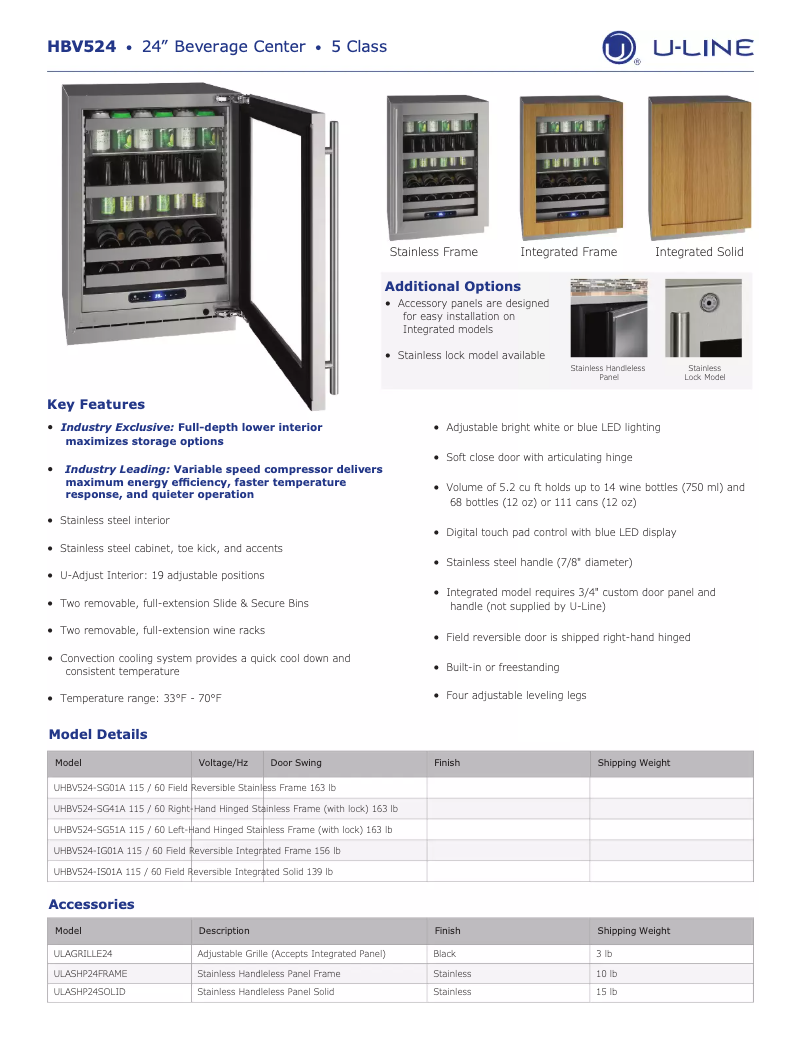 Page n°1 - Fiche technique U-Line UHBV524-SG51A