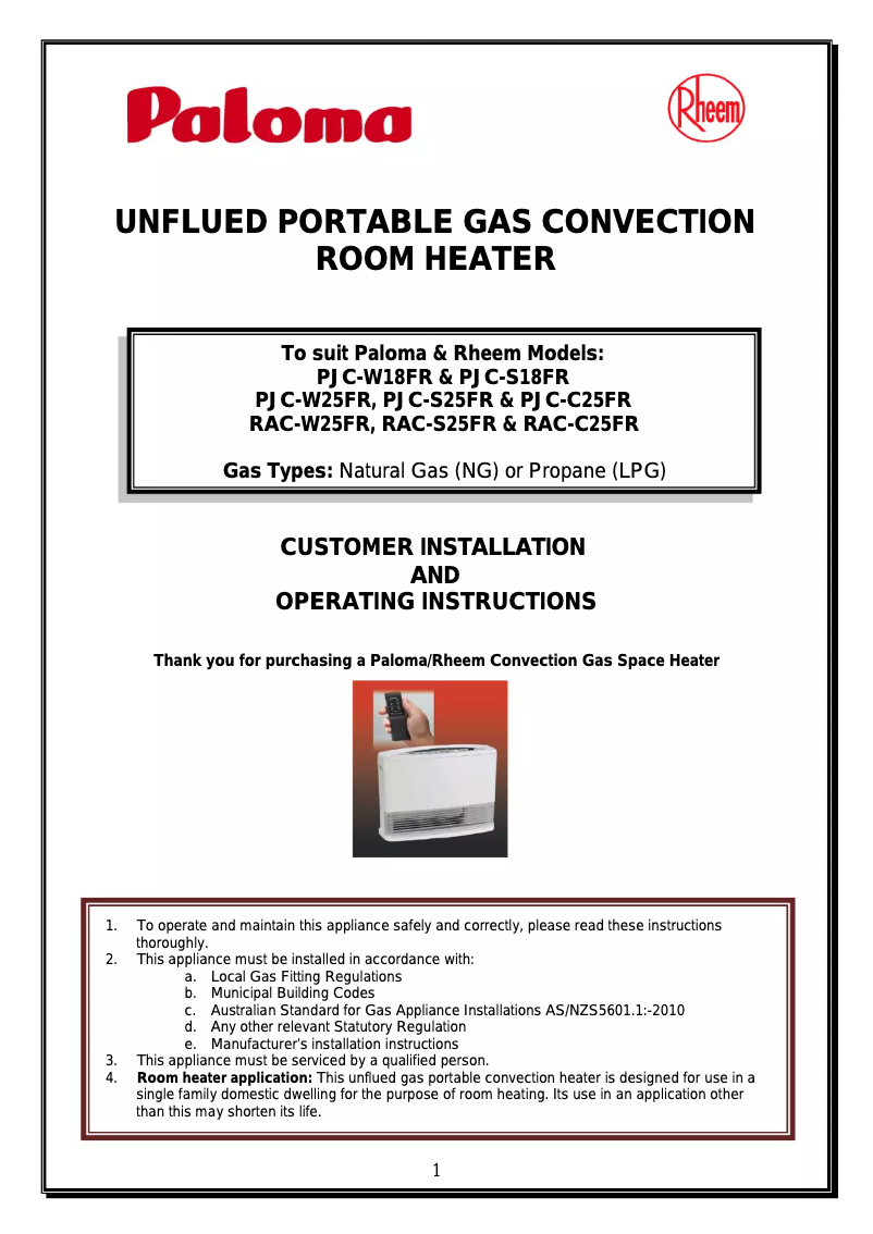 Page 1 de la notice Manuel utilisateur Paloma PJC-S25FRN