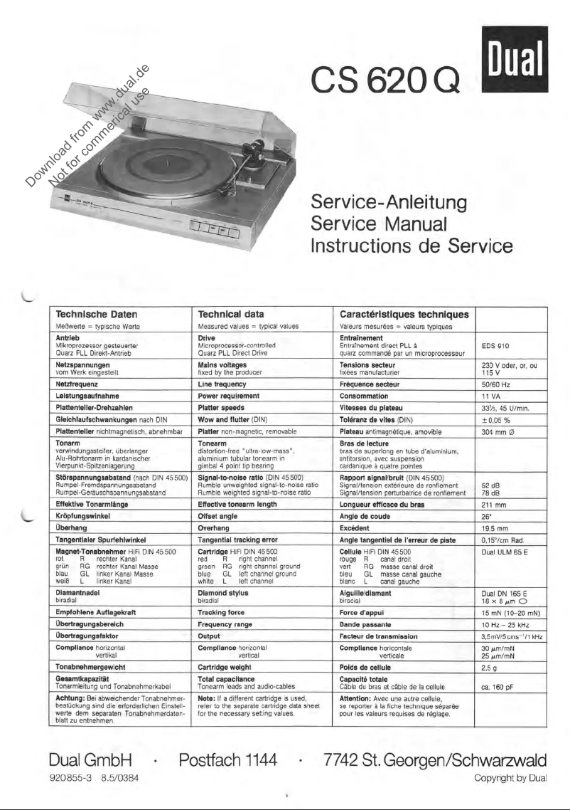 Page 1 of the manual User Manual Dual CS 620 Q