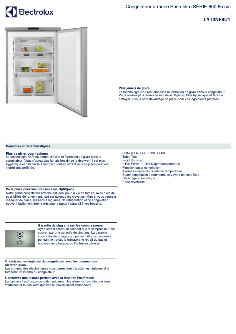Page 1 de la notice Fiche technique Electrolux LYT3NF8U1