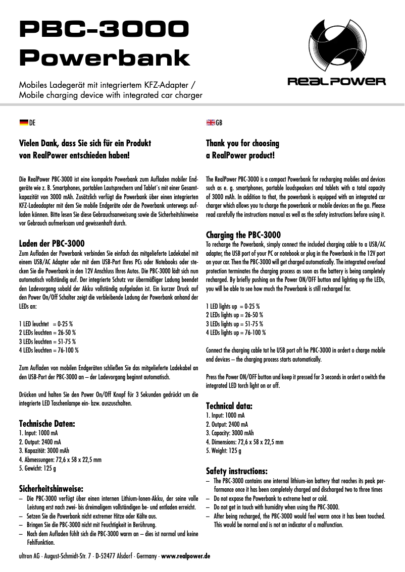 Page n°1 - Manuel utilisateur Ultron PBC-3000