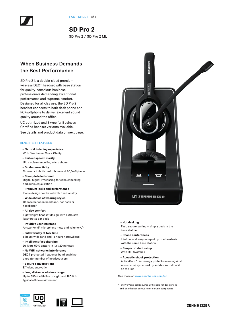 Page 1 de la notice Fiche technique Sennheiser SD Pro 2