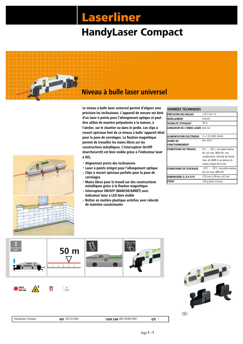 Page 1 de la notice Fiche technique Laserliner HandyLaser Compact