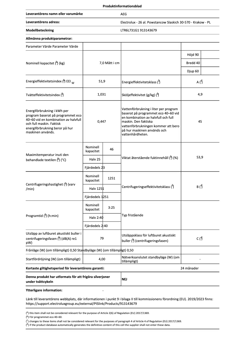 Page n°1 - Fiche technique AEG LTR6L731G1