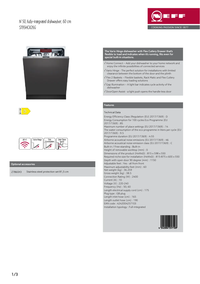 Page 1 de la notice Fiche technique Neff S195HCX26G