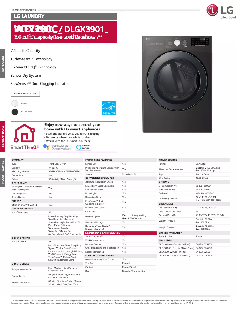 Page n°1 - Fiche technique LG DLEX3900W
