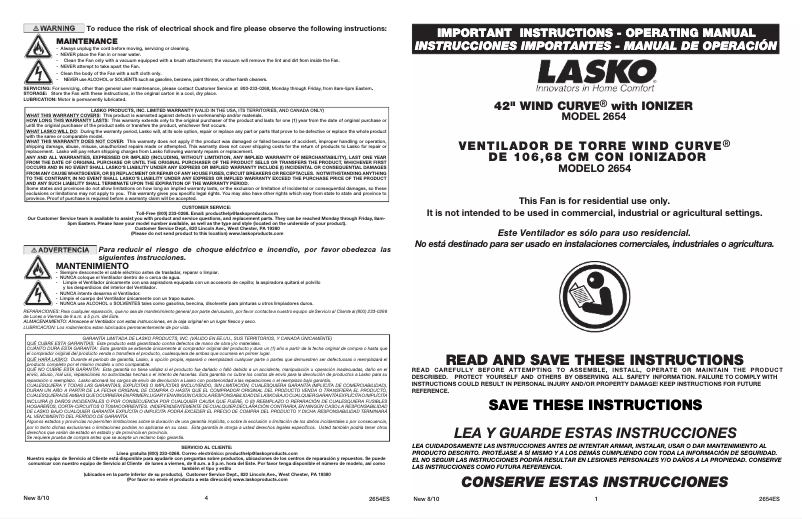 Page 1 de la notice Manuel utilisateur Lasko Wind Curve 2654