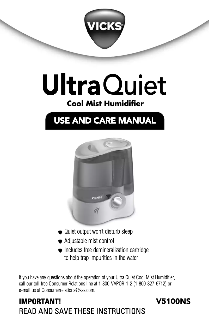Page 1 de la notice Manuel utilisateur Vicks UltraQuiet Cool Mist V5100NS