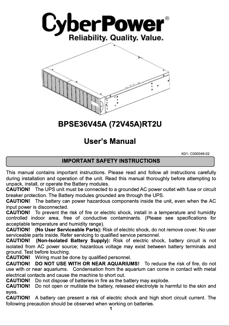 Page 1 de la notice Manuel utilisateur CyberPower BPSE72V45ART2U