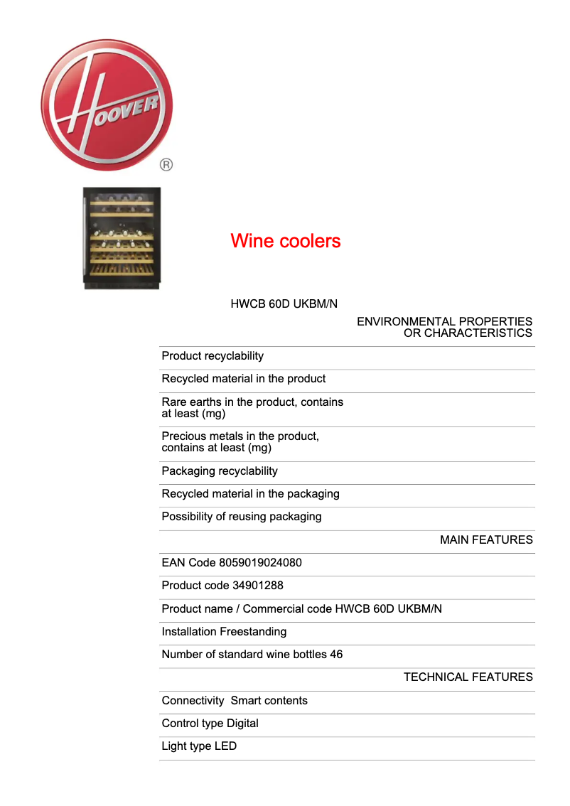 Page 1 of the manual Technical Sheet Hoover HWCB 60D UKBM/N