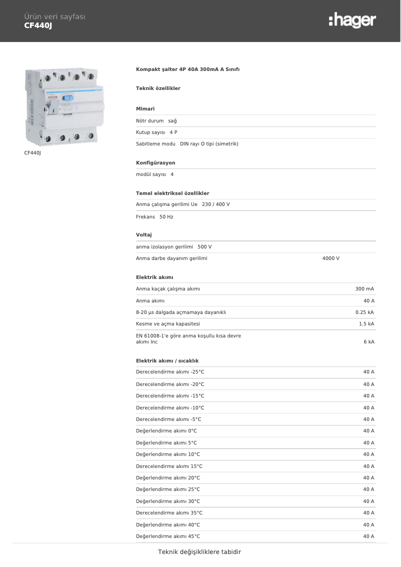 Page 1 de la notice Fiche technique Hager CF440J