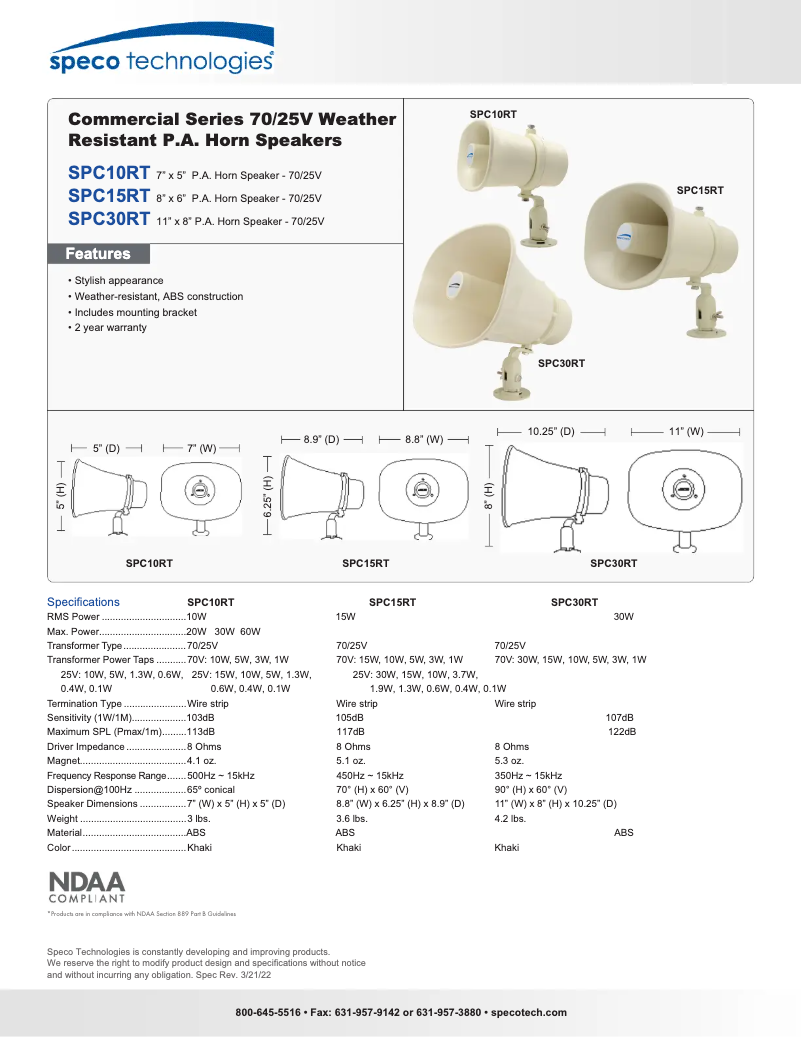 Page 1 de la notice Fiche technique Speco Technologies SPC30RT