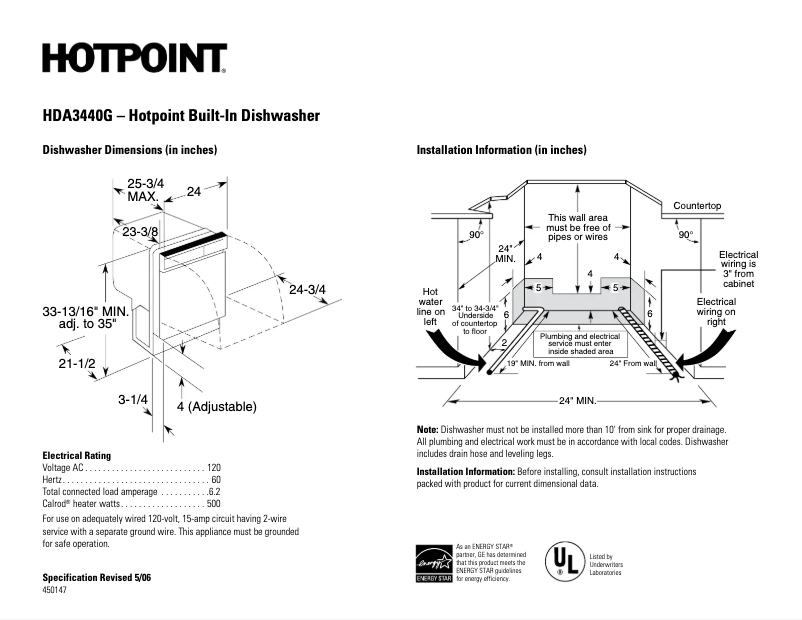 Página 1 del manual Ficha técnica Hotpoint HDA3440GSA