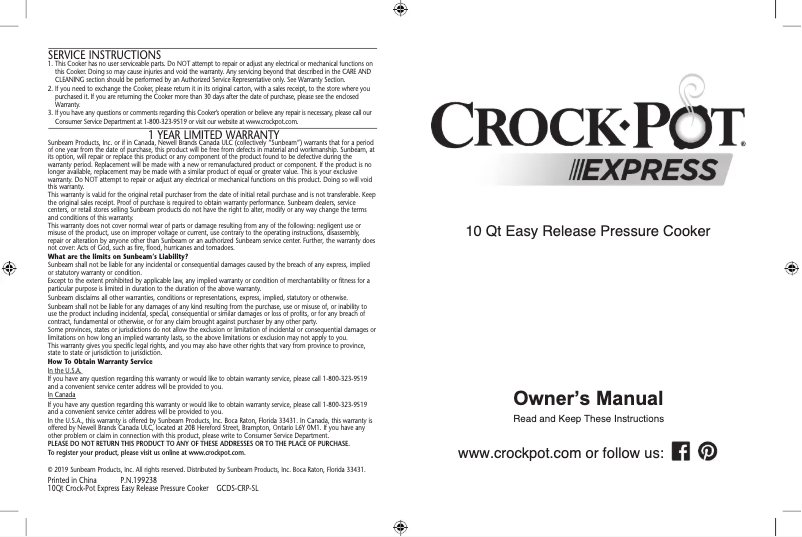 Page n°1 - Manuel utilisateur Crock-Pot Express SCCPPC100-V1