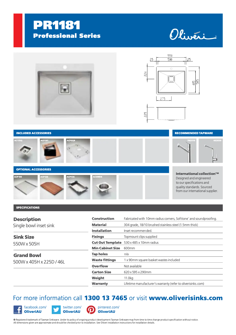 Page n°1 - Fiche technique Oliveri PR1181