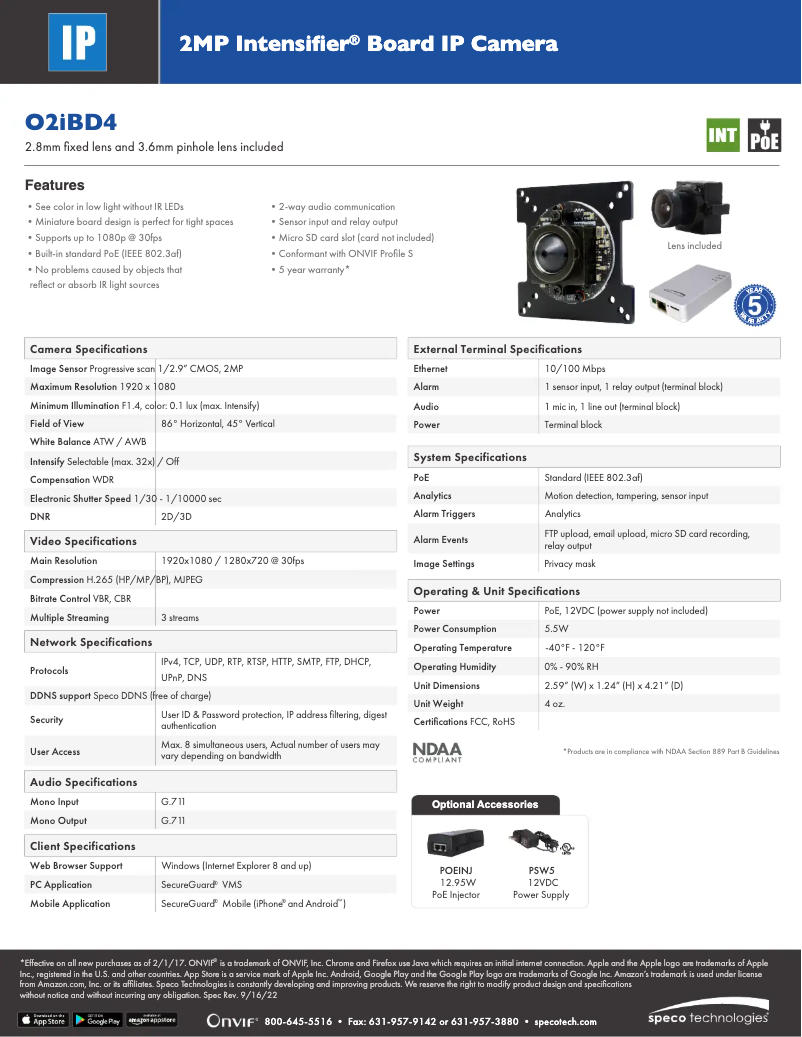 Page 1 de la notice Fiche technique Speco Technologies O2IBD4