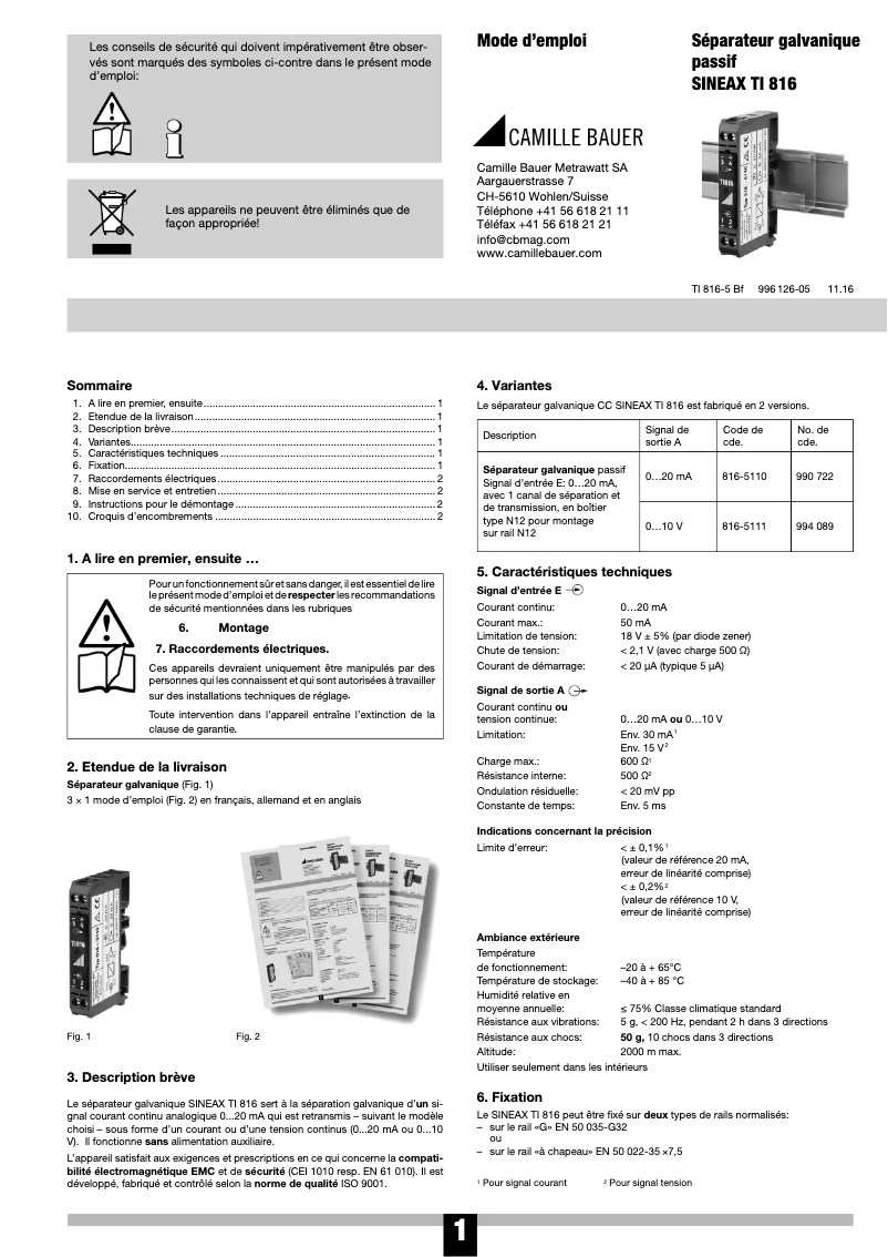 Page n°1 - Manuel utilisateur Camille Bauer Sineax TI816