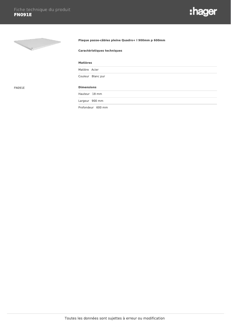 Page 1 de la notice Fiche technique Hager FN091E