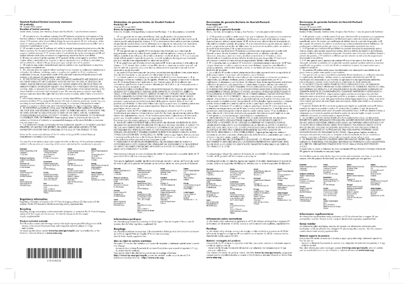 Page 1 de la notice Informations de garantie HP ScanJet 5590