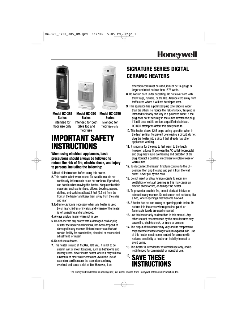 Page n°1 - Manuel utilisateur Honeywell Digital CoolTouch HZ-3750GP