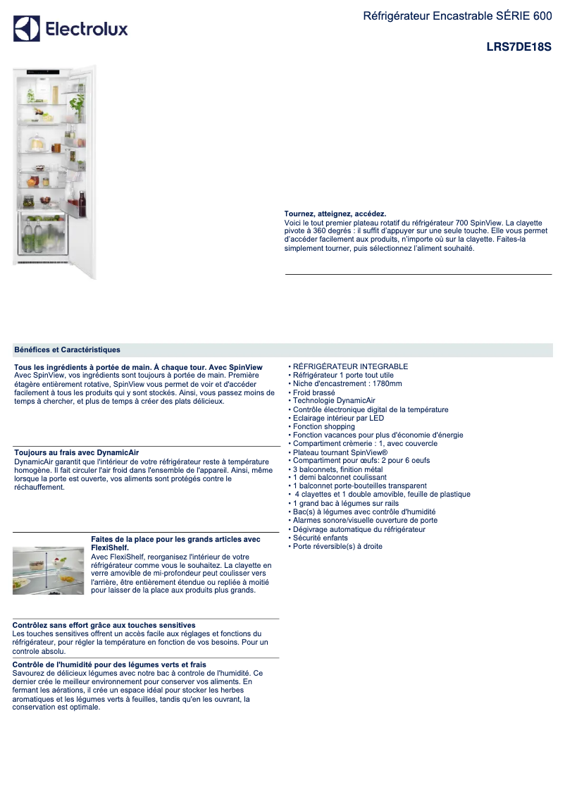 Page 1 de la notice Fiche technique Electrolux LRS7DE18S