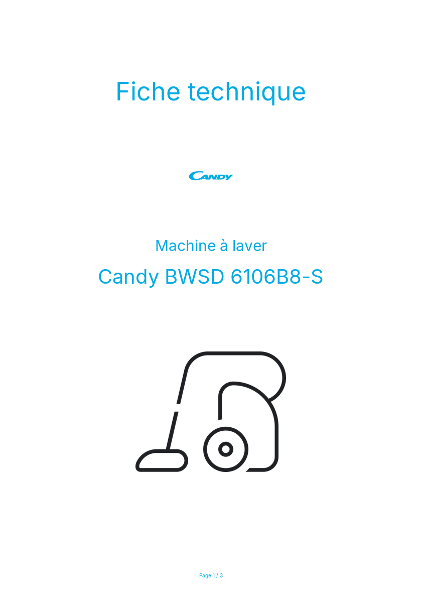 Page n°1 - Fiche technique Candy BWSD 6106B8-S