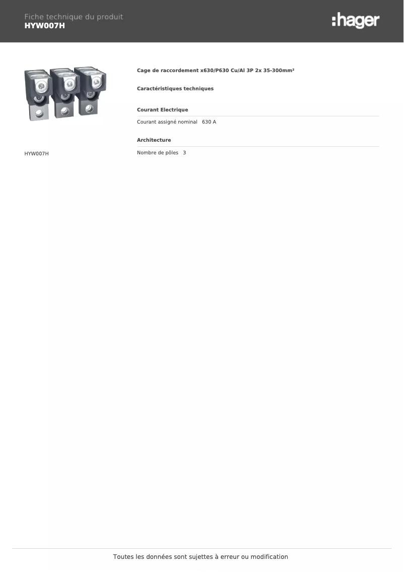 Page 1 de la notice Fiche technique Hager HYW007H
