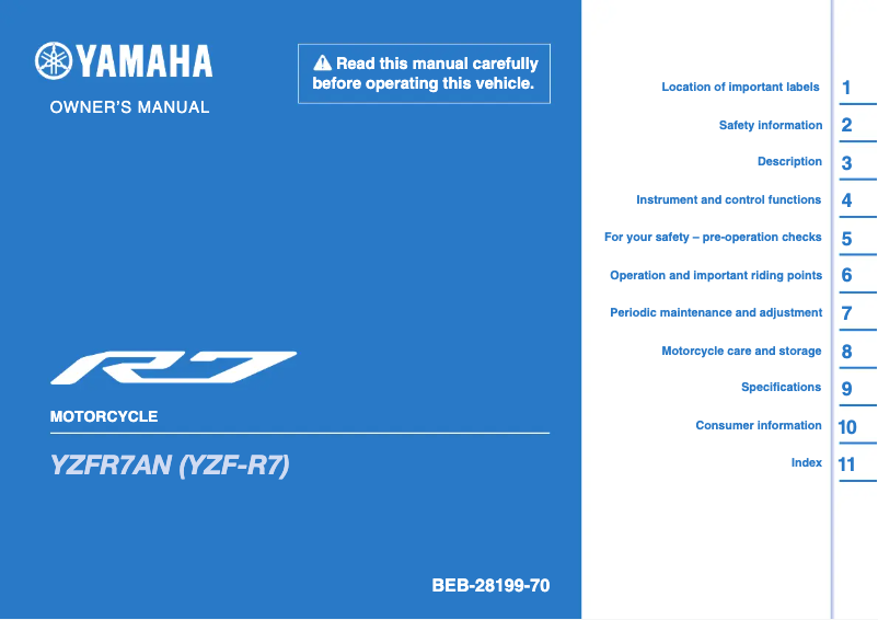 Image de la première page du manuel de l'appareil YZF-R7LA