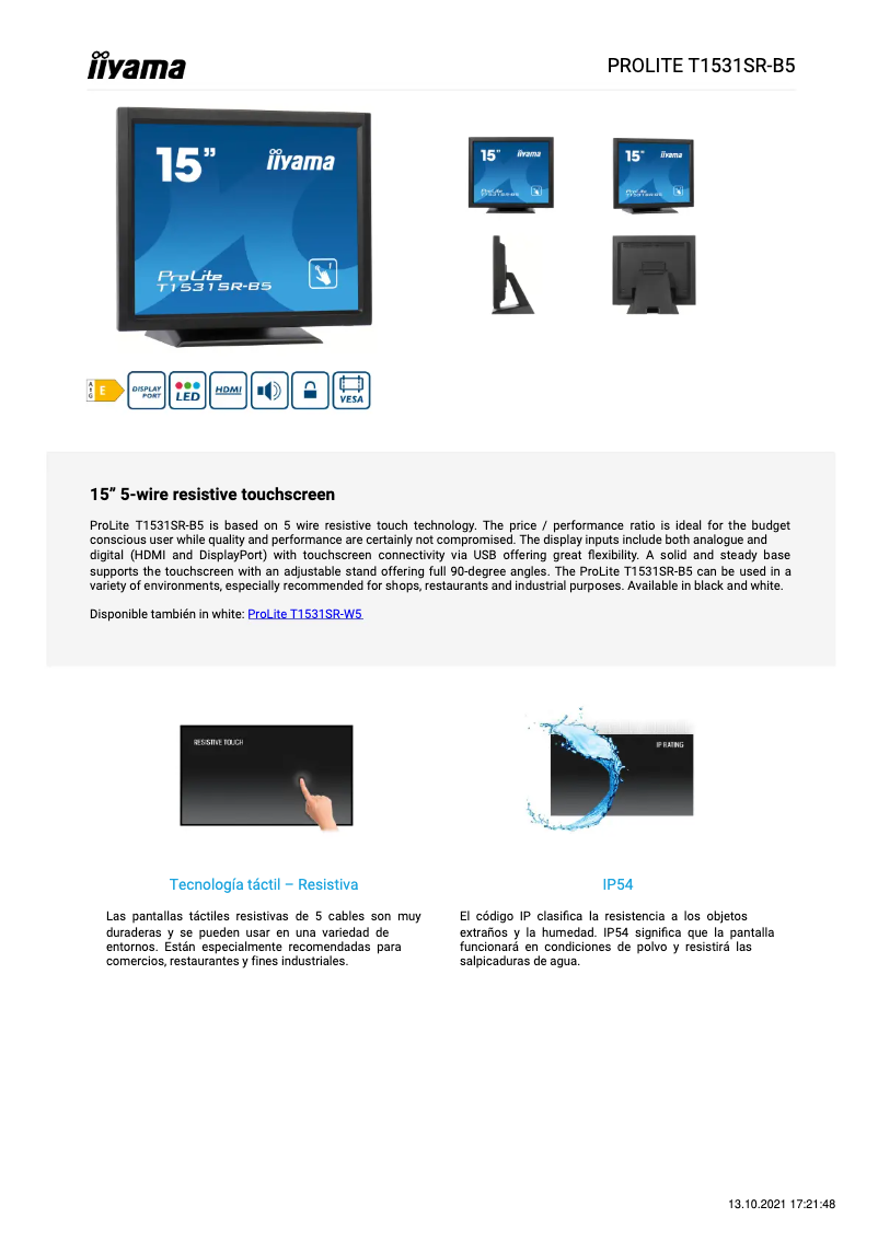 Page 1 de la notice Fiche technique Iiyama ProLite T1531SR-B5