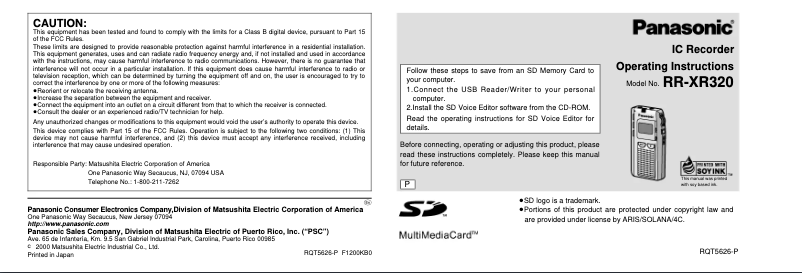 Image de la première page du manuel de l'appareil RR-XR320