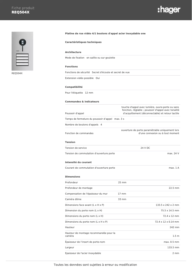 Page n°1 - Fiche technique Hager REQ504X