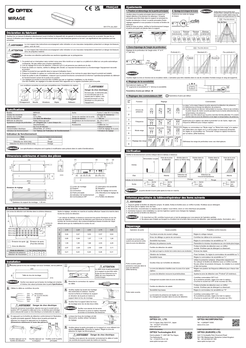 Page 1 de la notice Manuel utilisateur Optex Mirage