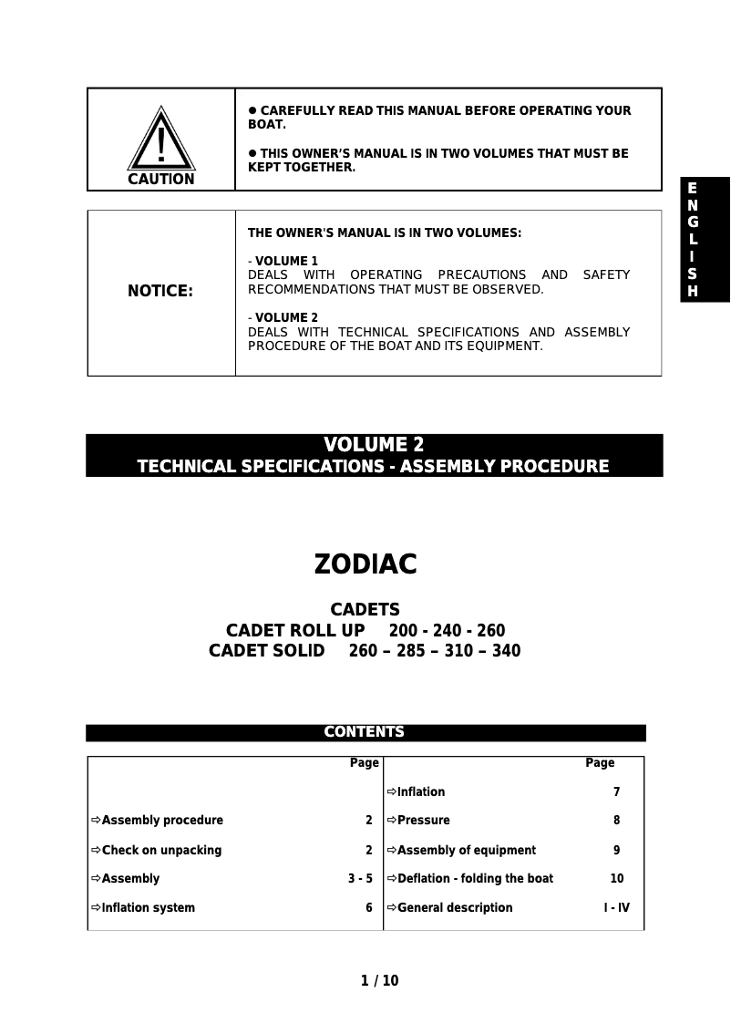 Page 1 de la notice Manuel utilisateur Zodiac Cadet 200 Roll Up