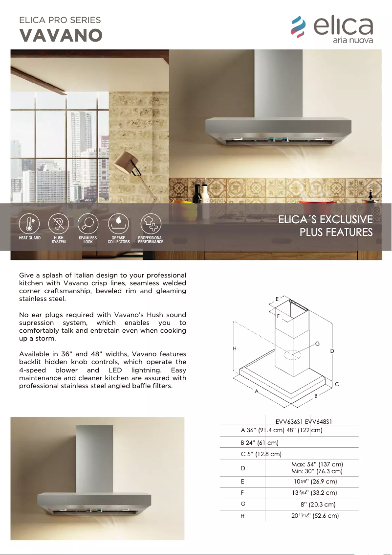 Page 1 de la notice Fiche technique Elica Vavano PRF0142452A