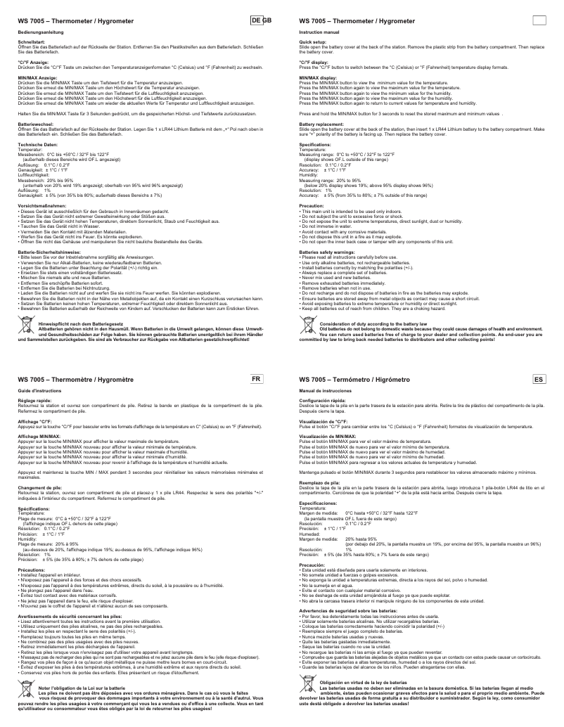 Page 1 de la notice Manuel utilisateur Techno Line WS 7005