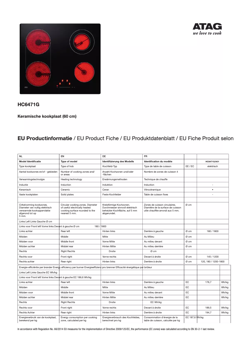 Page 1 de la notice Fiche technique Atag HC6471G