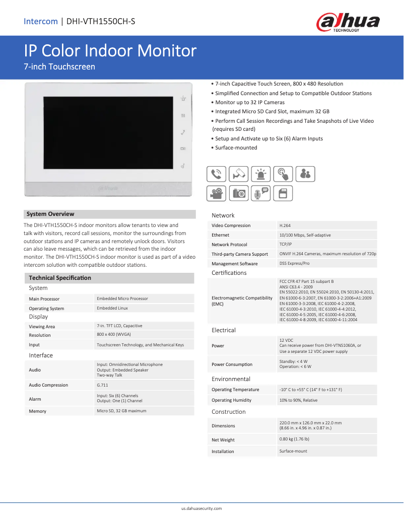 Page 1 de la notice Fiche technique Dahua Technology DHI-VTH1550CH-S