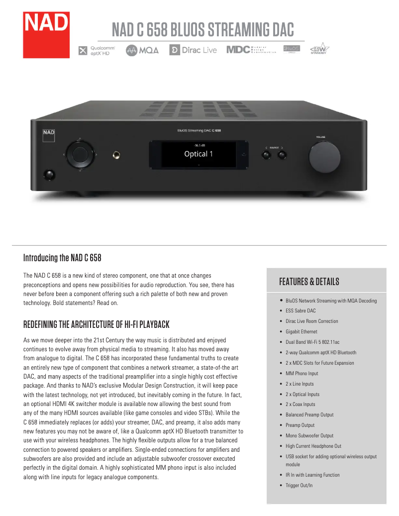 Page 1 de la notice Fiche technique NAD C658