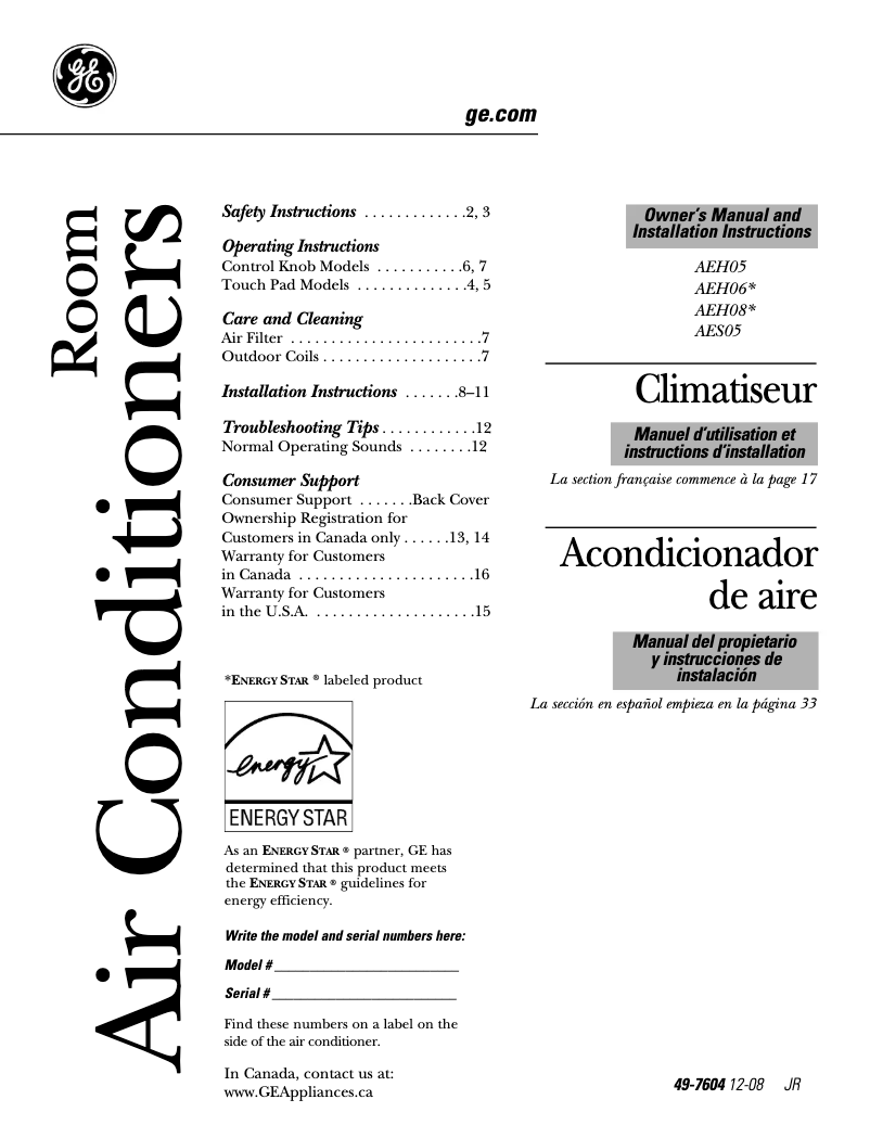 Page n°1 - Manuel d'utilisation et d'entretien GE AES05LM