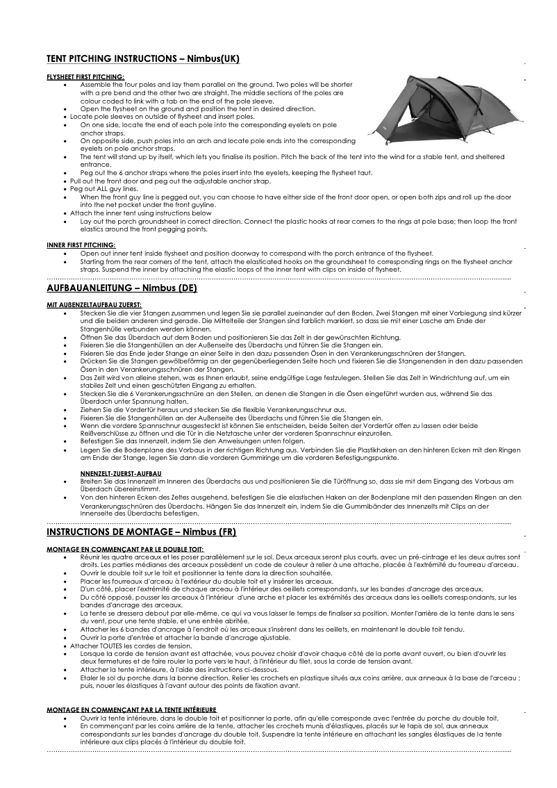Page 1 de la notice Manuel utilisateur Vango Nimbus 300