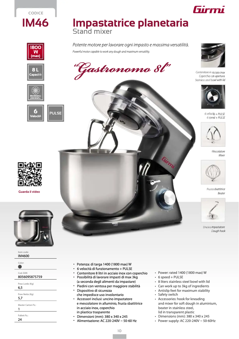 Page 1 de la notice Fiche technique Girmi IM46