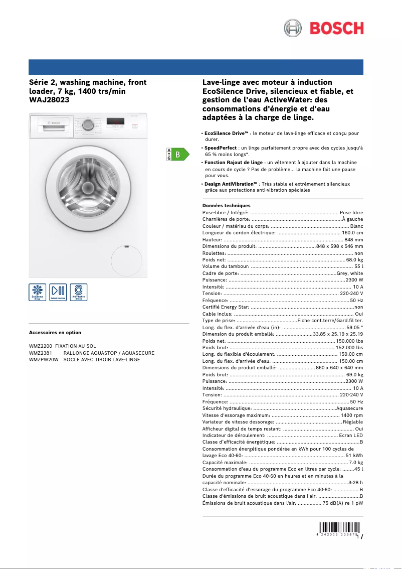 Page 1 of the manual Technical Sheet Bosch WAJ28023
