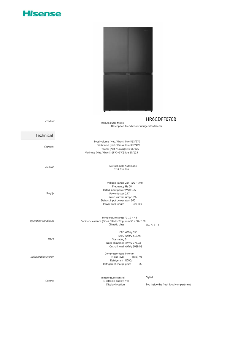 Page n°1 - Fiche technique Hisense HR6CDFF670B