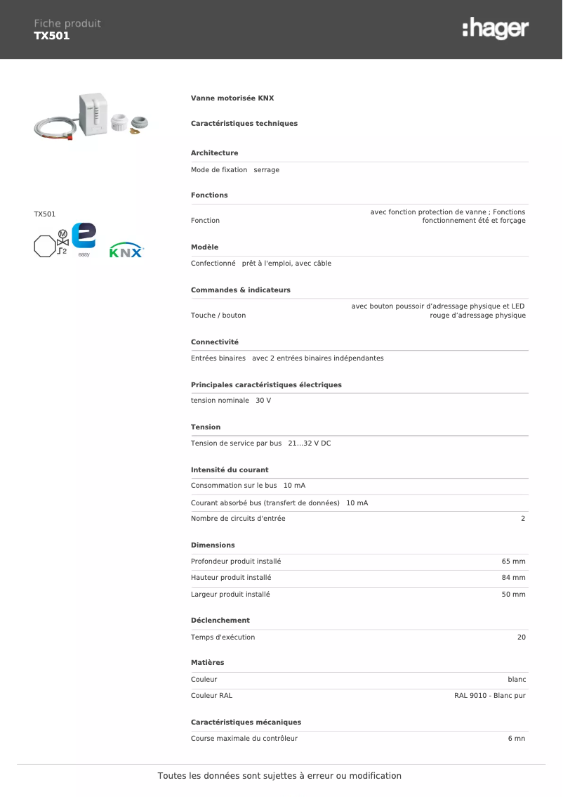 Page n°1 - Fiche technique Hager TX501