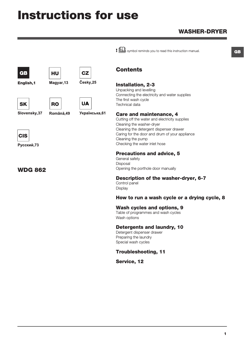 Page n°1 - Manuel utilisateur Hotpoint Ariston WDG 862 EU