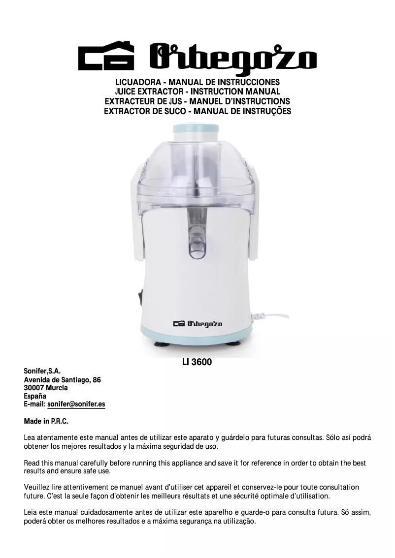 Page n°1 - Manuel utilisateur Orbegozo LI 3600