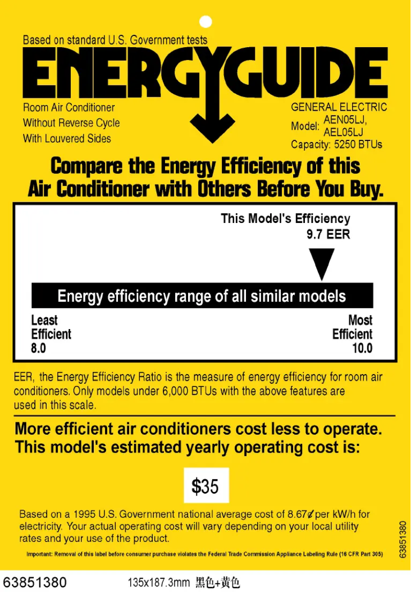Page 1 de la notice Label énergétique GE AEL05LJ